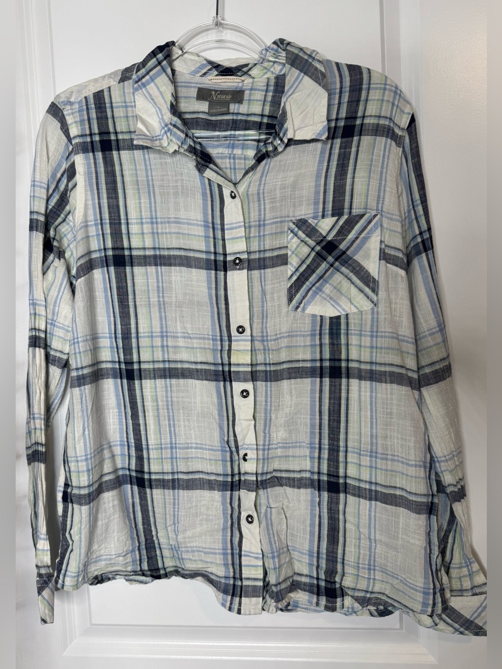 Natural Reflections Women's White and Blue Plaid Button-Down Shirt Sz LG cotton
